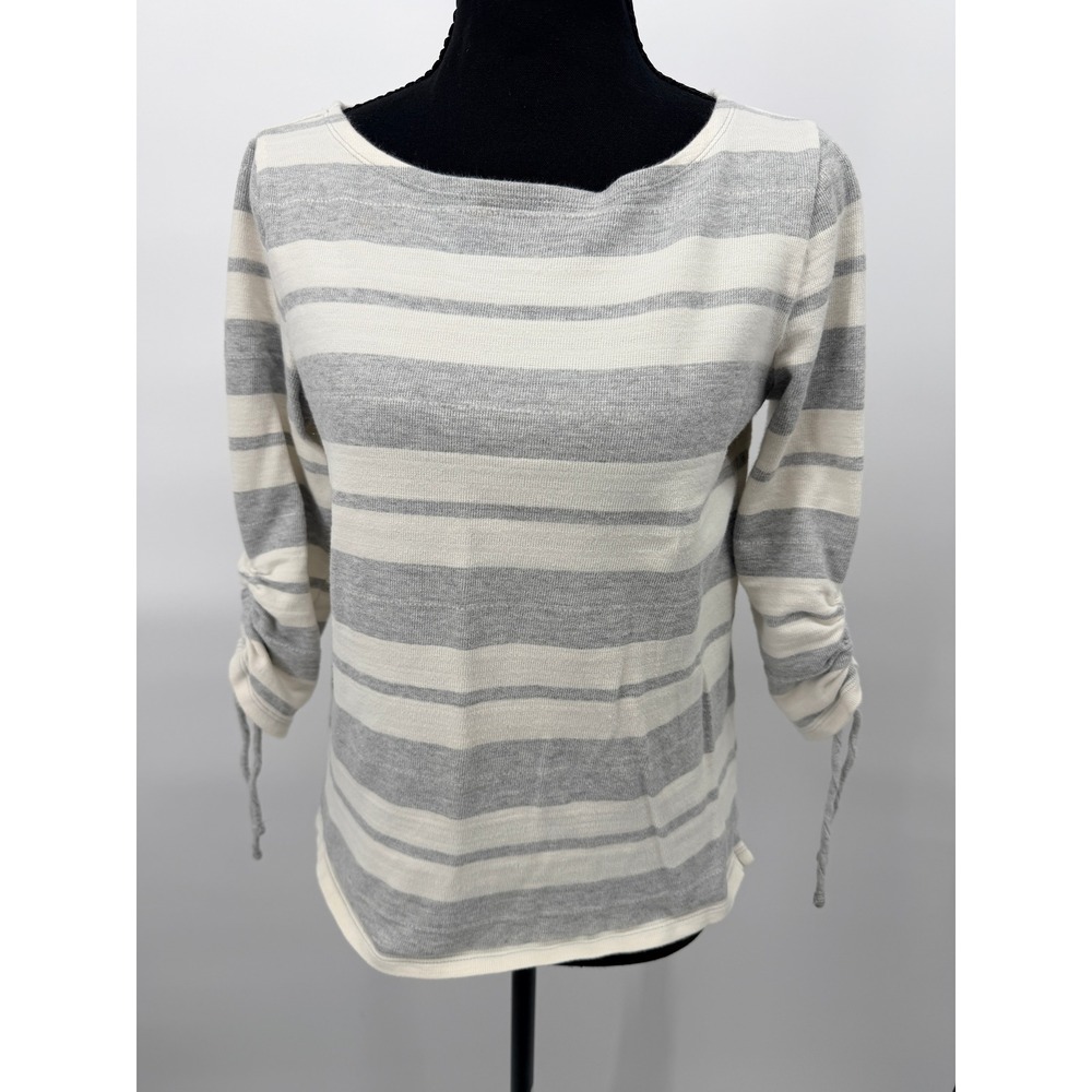 Talbots Striped Top Women MP Grey White Good Cinched Tie Sleeve Cotton